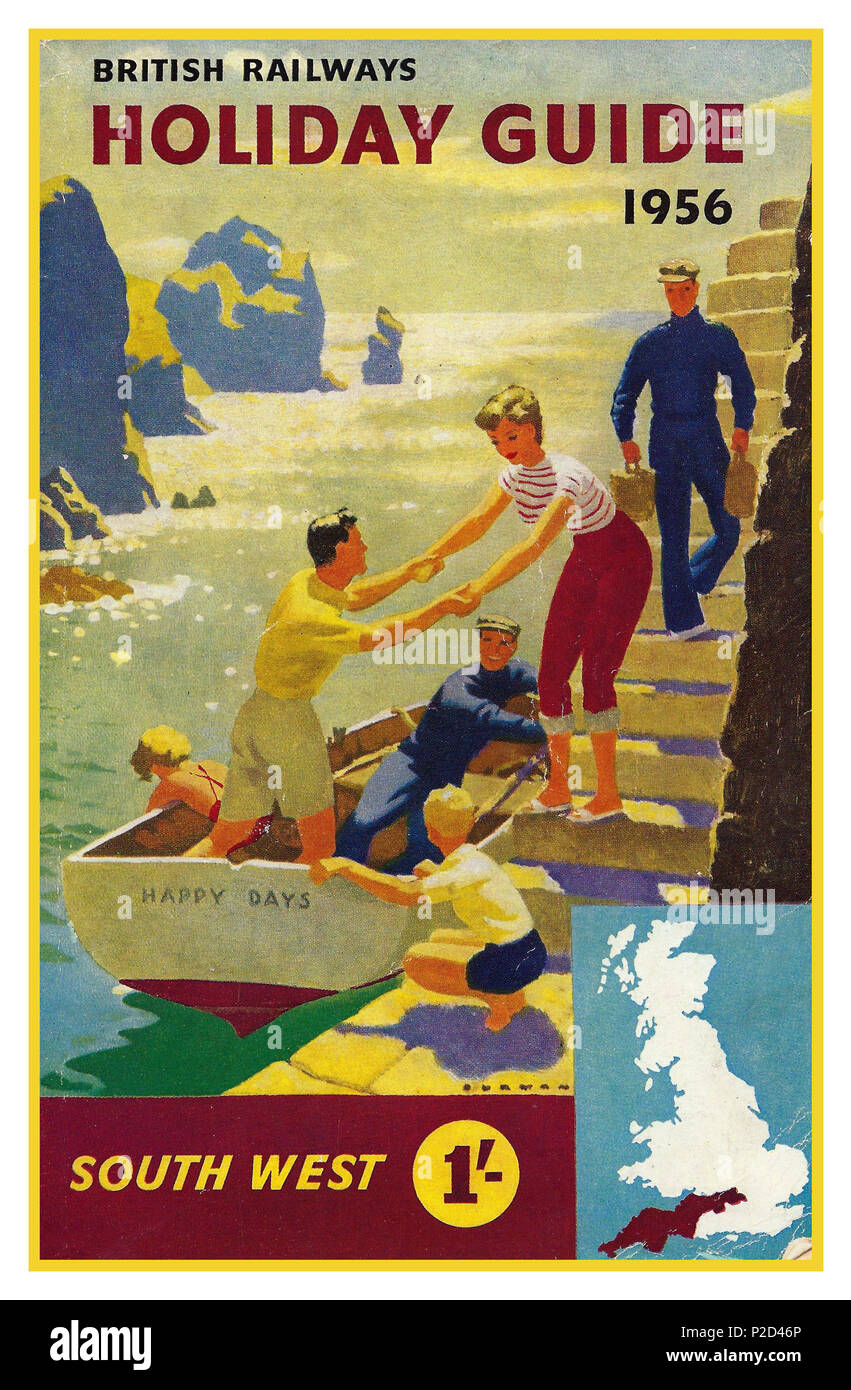 Vintage 1956 British Railways Holiday Guide South West 1956 by British Rail showing an idyllic family boating scene in coastal South West Britain Priced in pre decimal coinage of One Shilling Stock Photo