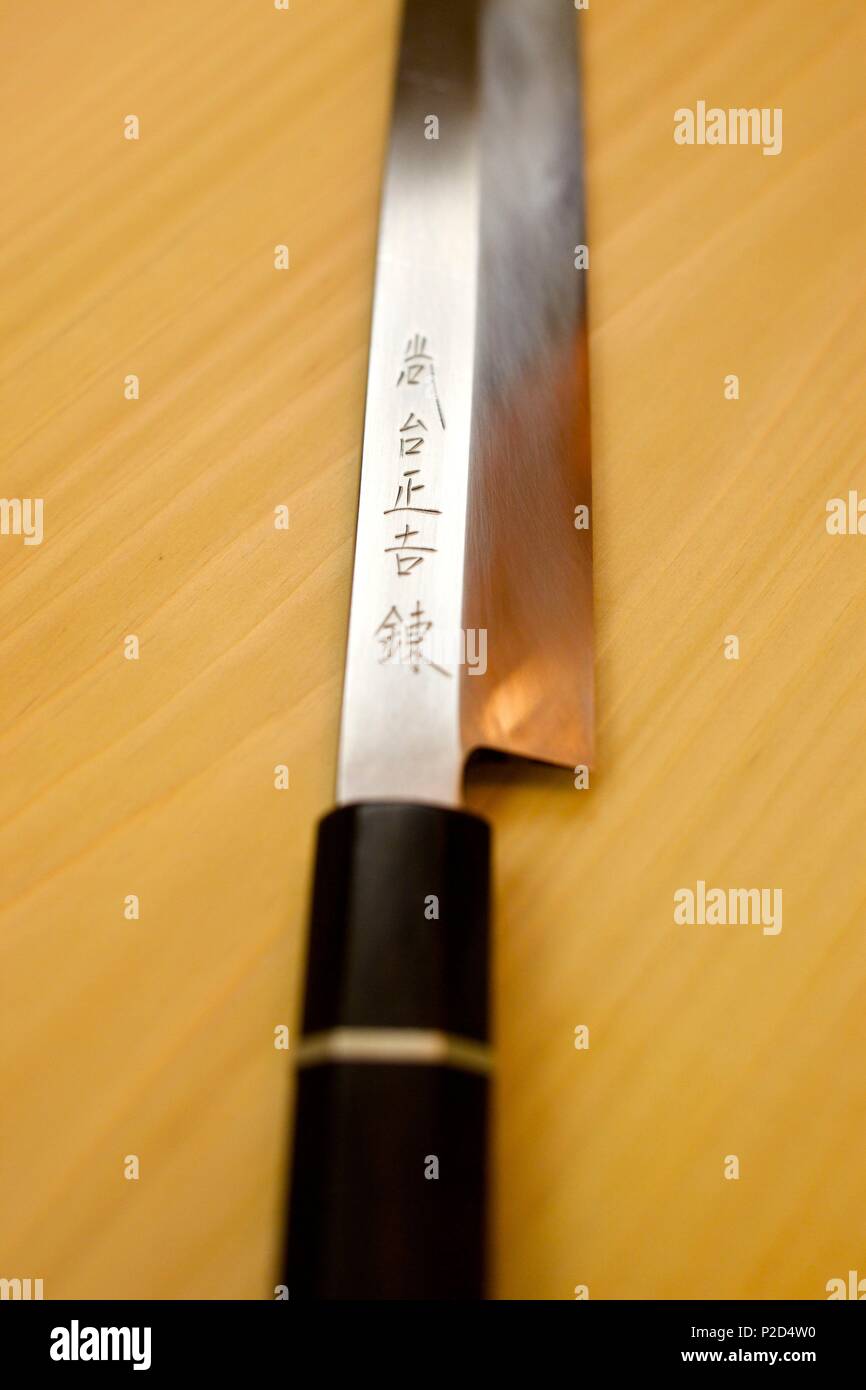 France, Paris, Japanese restaurant Okuda, knife made to measure Stock Photo
