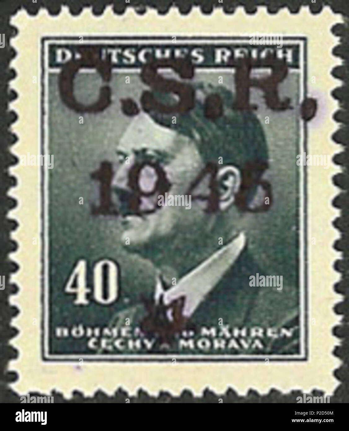 . English: Postage stamp of Third Reich Protectorate of Bohemia and Moravia, Adolf Hitler, overprinted in Bojkovice, 1945 ???????: ???????? ????? ???????????? ???????? ????? ??????? ? ???????, ????????????? ? ????????? ? 1945 ????. 1945; uploaded 2009-08-14. uploaded by Nickpo 10 BuM1945Bojkoviceovpt Stock Photo