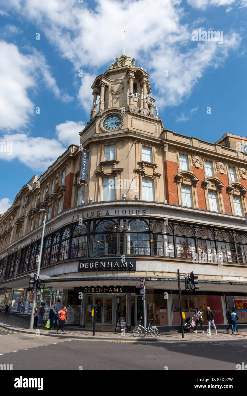 the debenhams store on the corner of lavender hill and northcote road at clapham junction or battersea in central london. historic building debenhams. Stock Photo