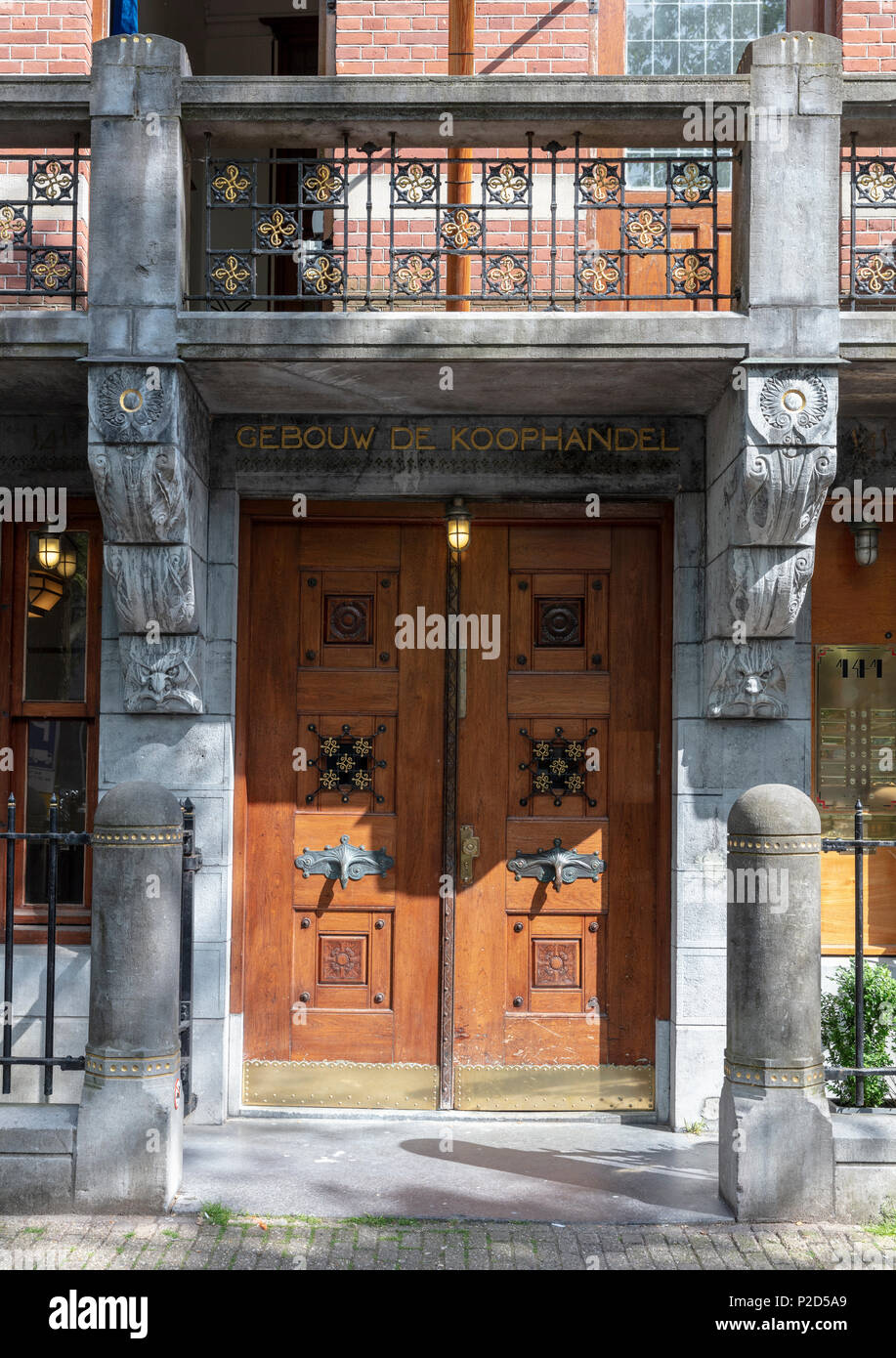 European Expressionist Entrance of Gebouw de Koophandel (Commerce Building) on Herengracht Stock Photo