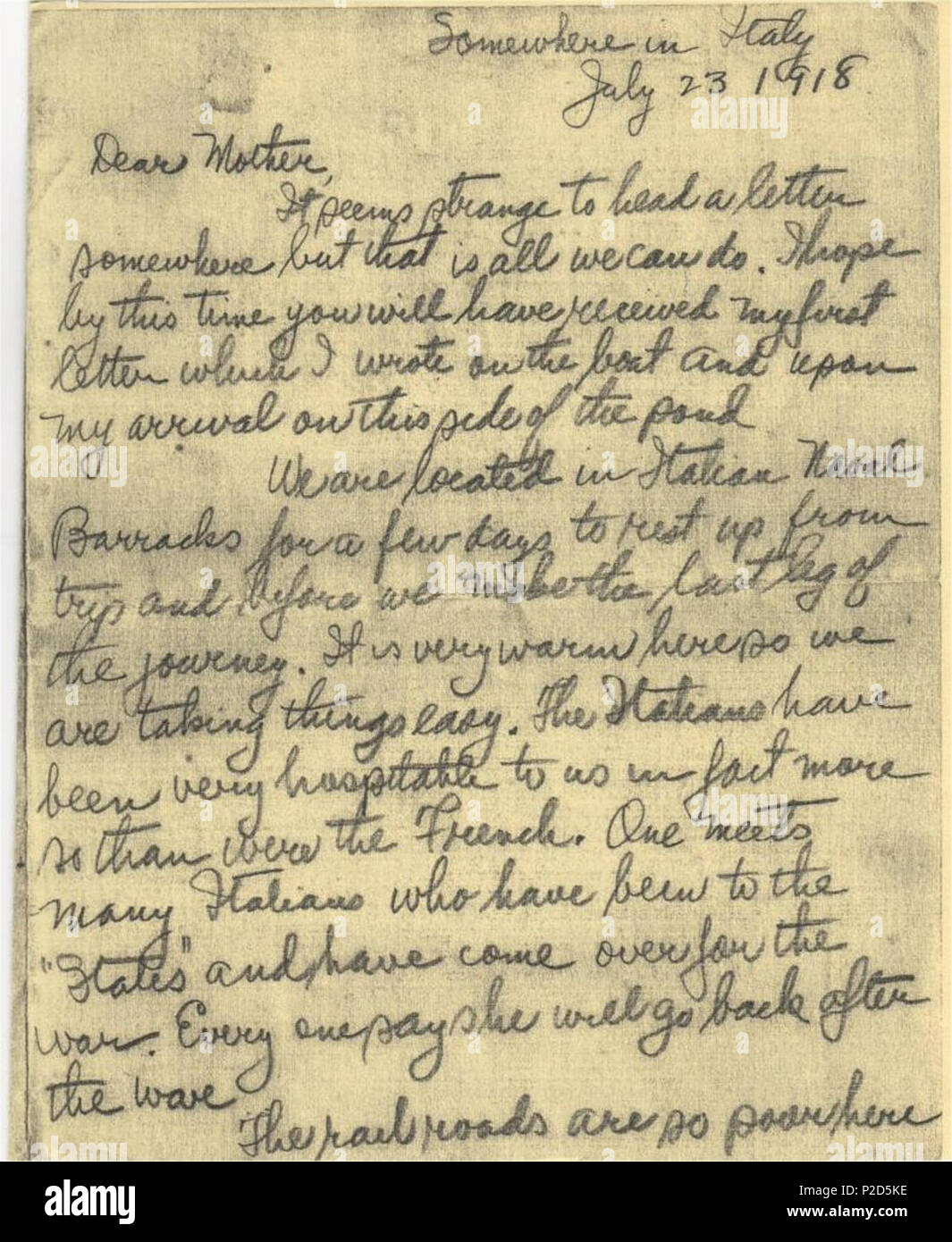 . English: First page of a letter from Arthur Rose Eldred to his mother. Letter written while in Italy during World War I. Eldred was the first Eagle Scout in the Boy Scouts of America. Transcribed on :Eldred Letter - 1918 B, see also :Author:Arthur Rose Eldred . 23 July 1918. Arthur Rose Eldred 17 Eldred Letter1918Bpage1 Stock Photo