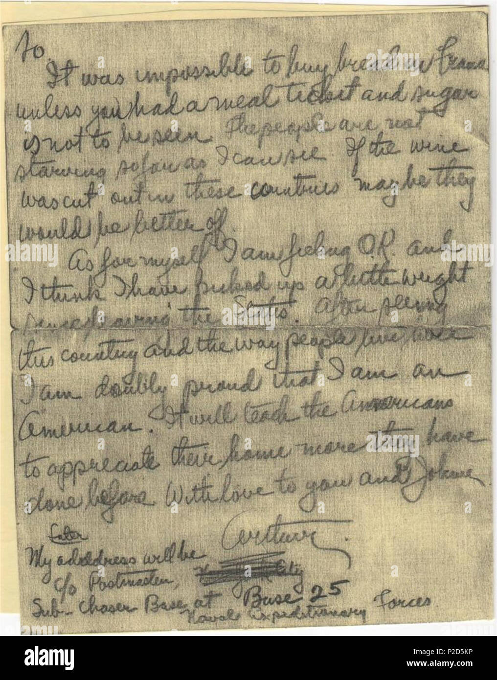 . English: Fourth page of a letter from Arthur Rose Eldred to his mother. Letter written while in Italy during World War I. Eldred was the first Eagle Scout in the Boy Scouts of America. Transcribed on :Eldred Letter - 1918 B, see also :Author:Arthur Rose Eldred . 23 July 1918. Arthur Rose Eldred 17 Eldred Letter1918Bpage4 Stock Photo