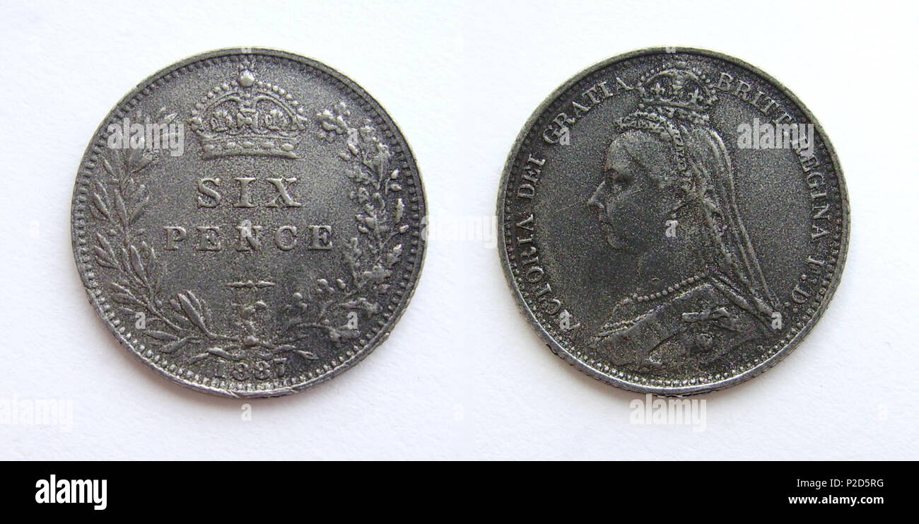 . Queen Victoria English Sixpence from 1887. Diameter: 3/4 inch. Both sides are of the same coin. 19 July 2009. Anakin101 18 English Sixpence 1887 Stock Photo