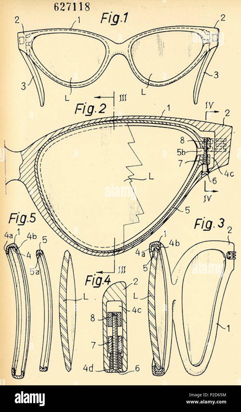 Italiano: Filom, disegno per brevetto di una montatura metallica per  occhiali, Milano 1961 . Italiano: Disegno per il brevetto per invenzione  industriale n. 627118, classe G 02 c., della società Filom