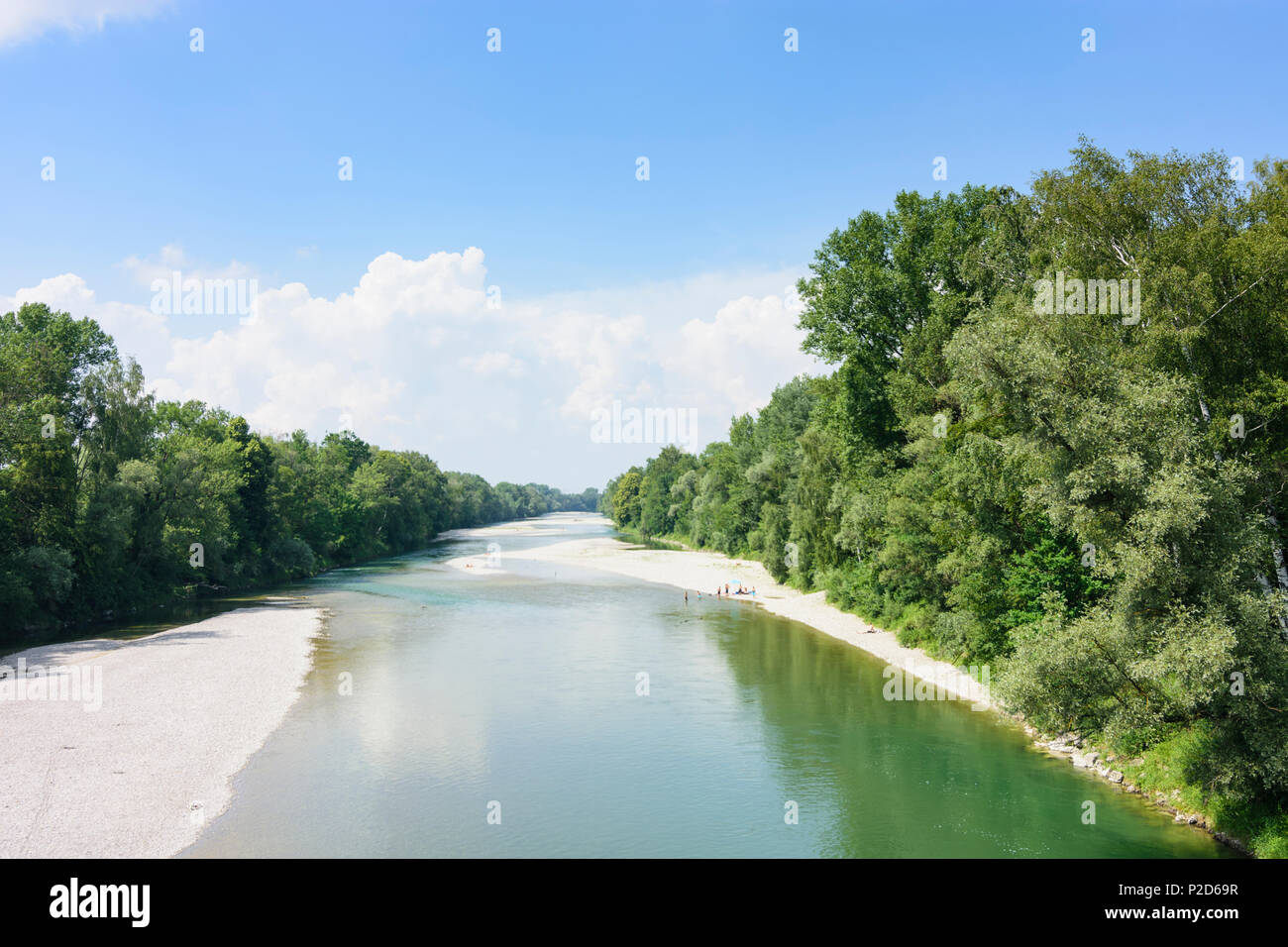 Rehling: river Lech, bathers at sand bank, sunning sunbathing swimming people in Germany, Bayern, Bavaria, Schwaben, Swabia Stock Photo
