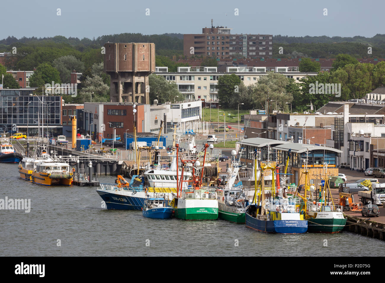 Fishing ships in Dutch harbor IJmuiden Stock Photo