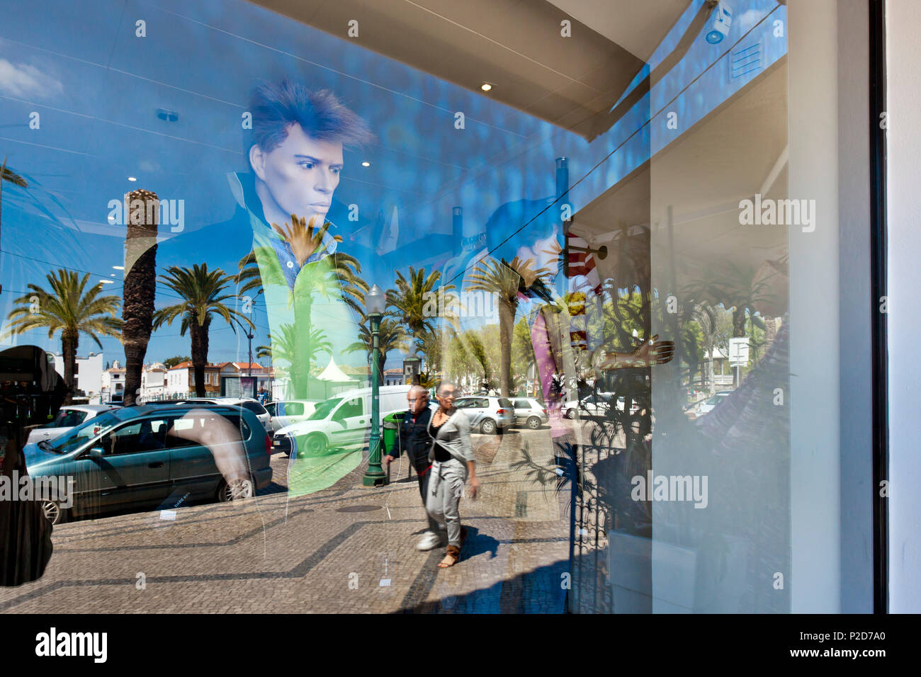 Reflection in a shop window, Tavira, Algarve, Portugal Stock Photo