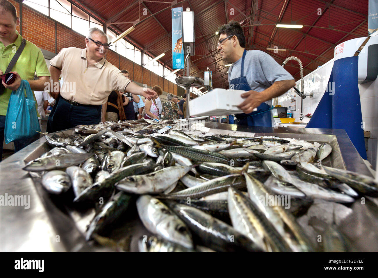 Fish stall at the Fish market, market hall, Olhao, Algarve, Portugal Stock Photo