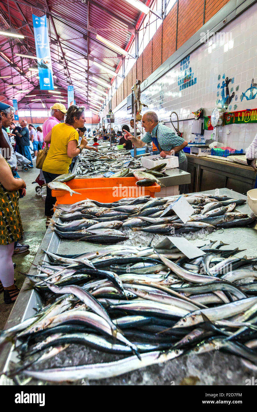 Fish stall at the Fish market, market hall, Olhao, Algarve, Portugal Stock Photo