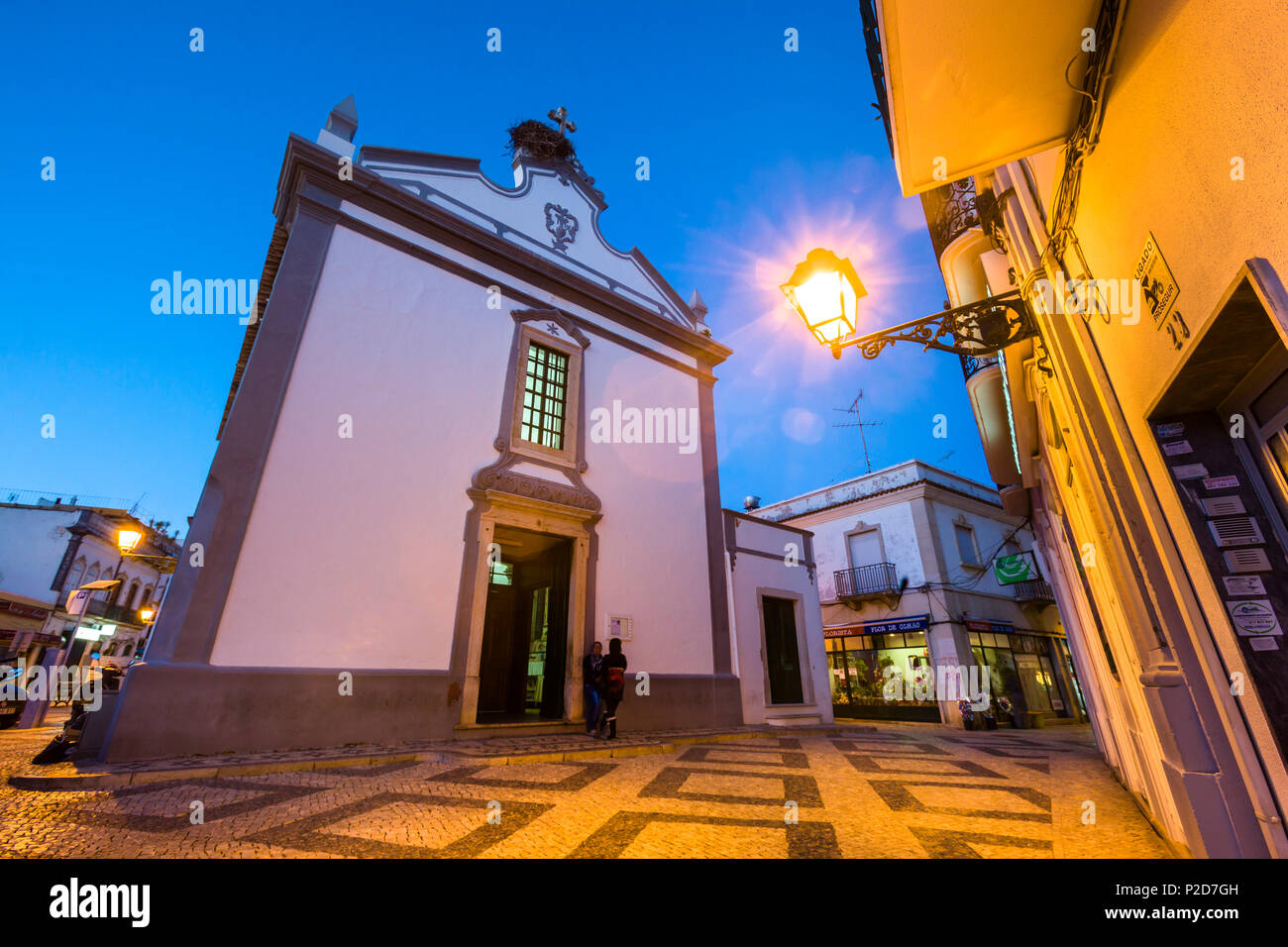 Church in the evening, Nossa Senhora da Soledade, Old town at dusk, Olhao, Algarve, Portugal Stock Photo