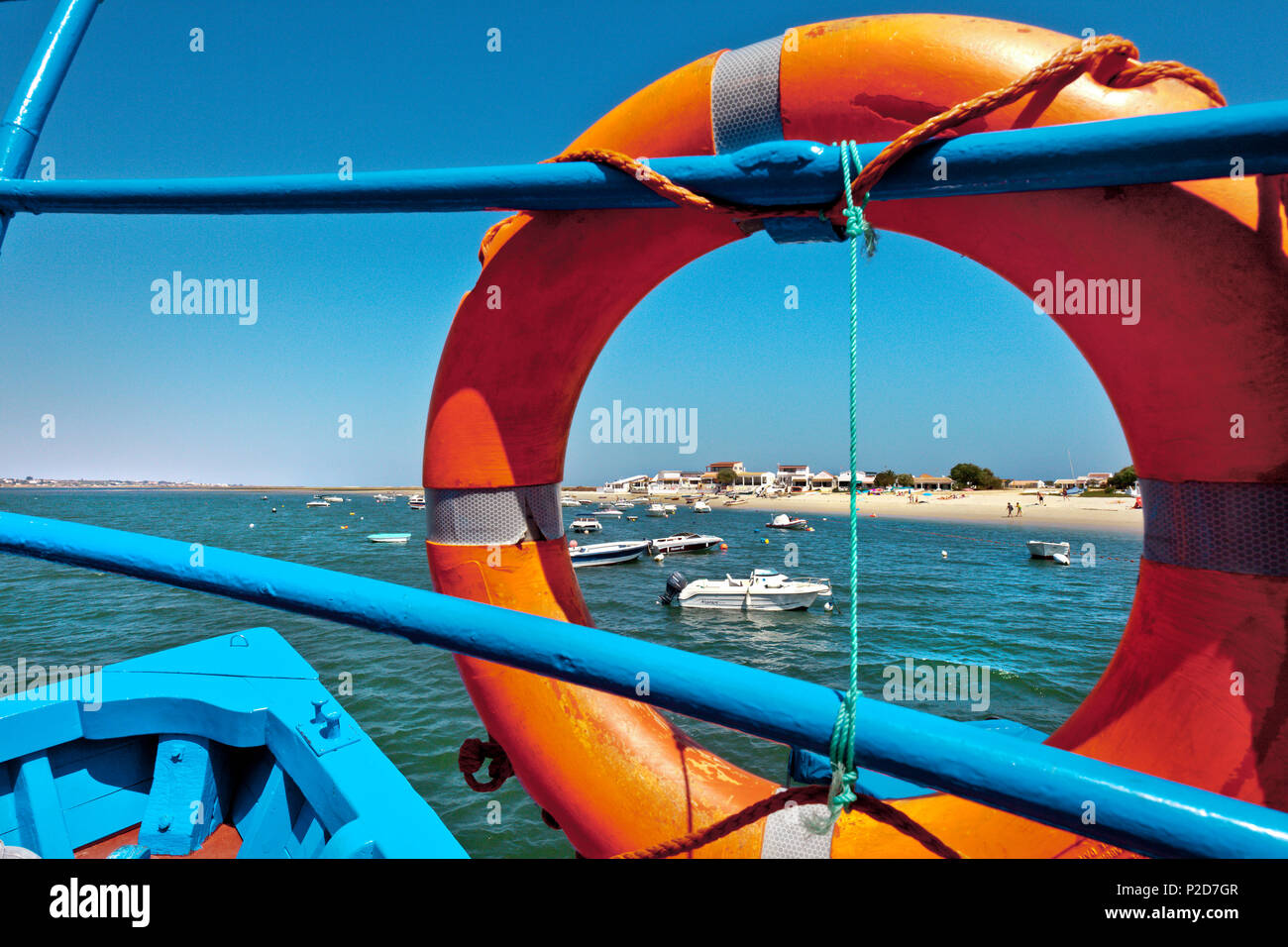 Ferry boat to Armona island, View through lifebuoy, Olhao, Algarve, Portugal Stock Photo