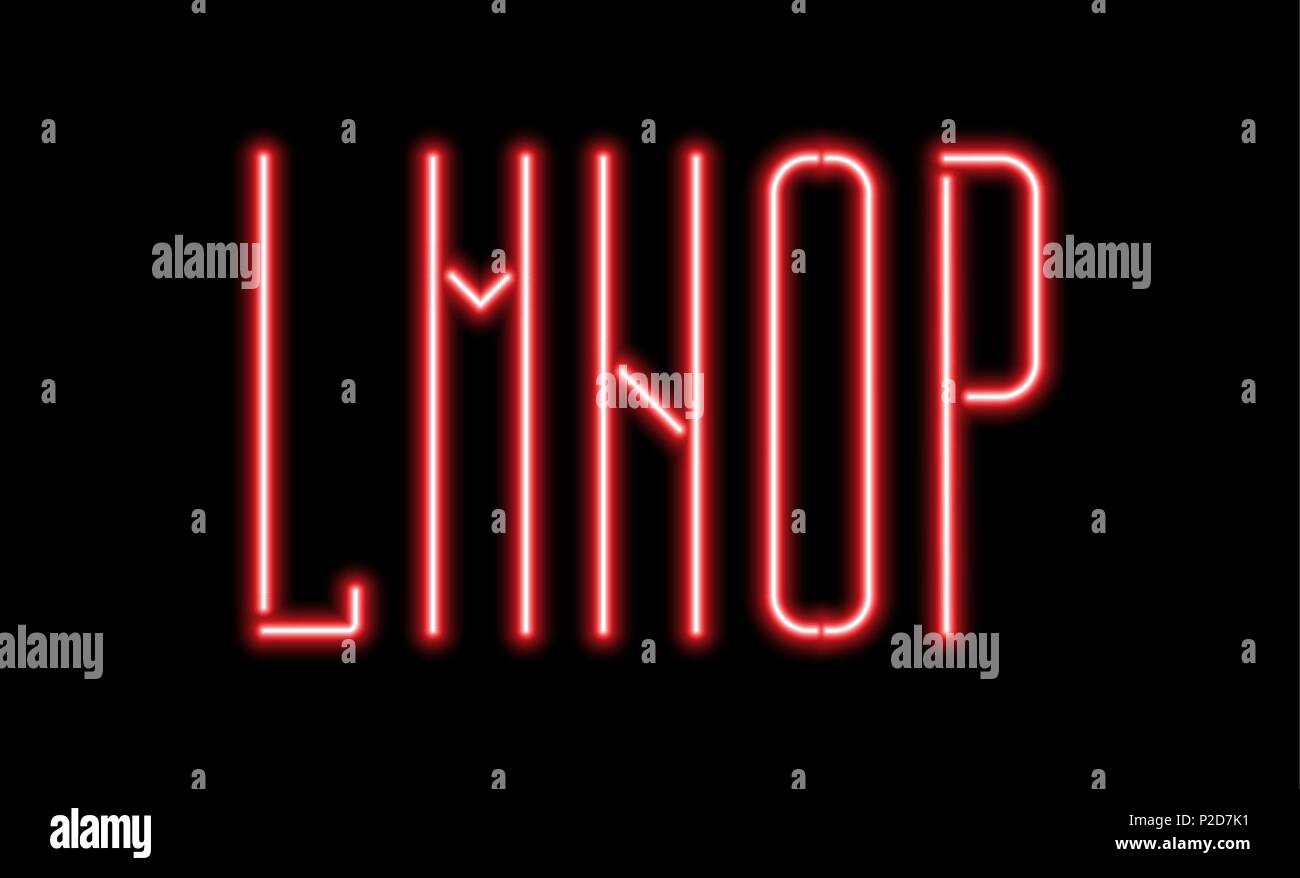 Bright red neon letters on a black background. Letters L, M, N, O, P for night club or night show design. Stock Vector