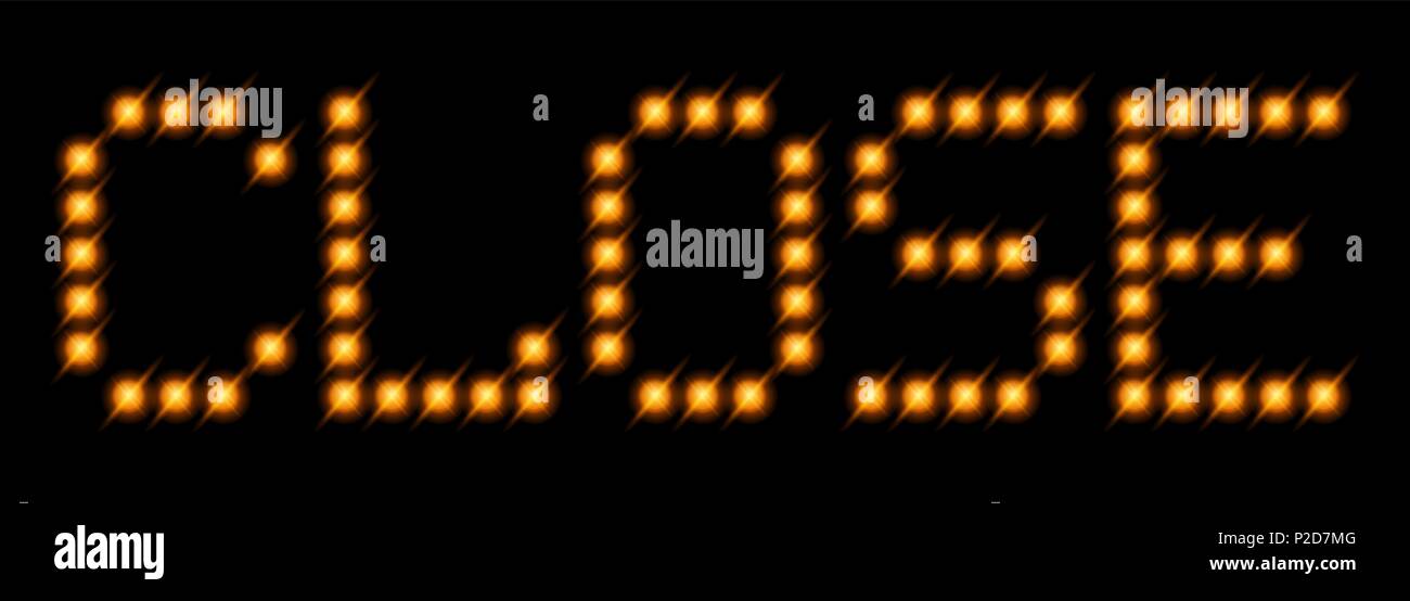 Red vector caption CLOSE neon lights, bulbs on a black background. Stock Vector