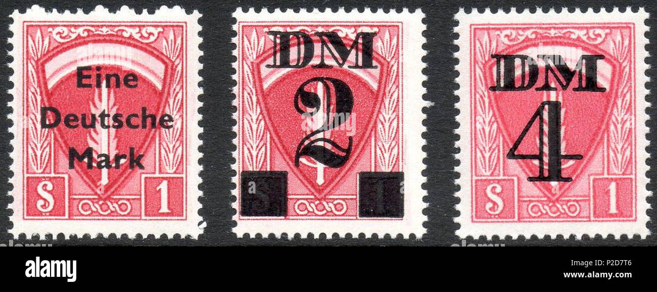 . English: Revenue stamps of the Allied Military Government for travel permits. 'Eine Deutsche Mark' is 1950, the others are 1951. 1950 and 1951. Allied Military Government 3 Allied Military Government stamps Stock Photo