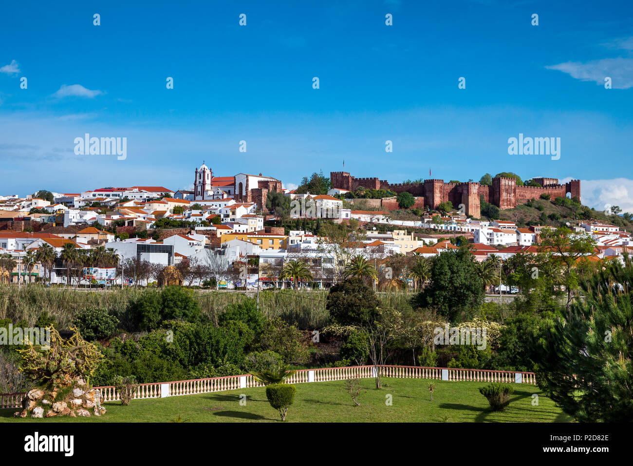 View towards old town, castle and cathedral, Silves, Algarve, Portugal Stock Photo