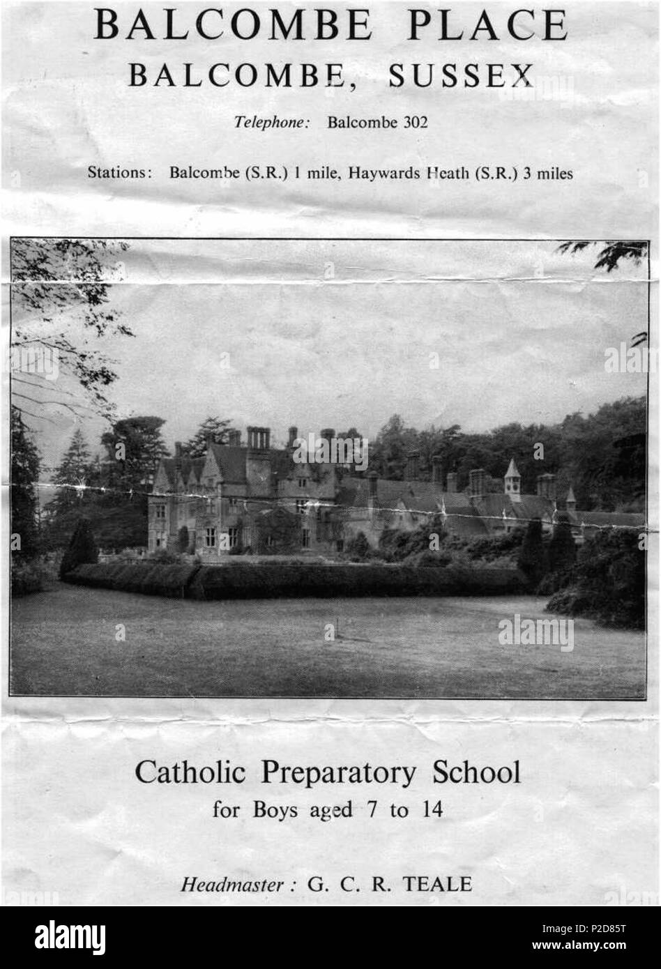 . English: The front cover of the prospectus for Balcombe Place School. Originally printed in 1955. 1955. Balcombe Place School Ltd (Life time: The school closed and company liquidated in 1976) 6 Balcombe Place School prospectus 1955 Stock Photo