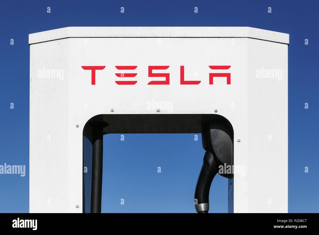 Hedensted, Denmark - May 5, 2018: Tesla supercharger station. Tesla is an American automotive and energy storage company Stock Photo