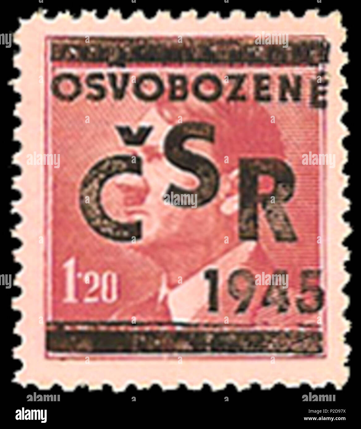 . English: Postage stamp of Third Reich Protectorate of Bohemia and Moravia, Adolf Hitler, overprinted in Blatna, 1945 ???????: ???????? ????? ???????????? ???????? ????? ??????? ? ???????, ????????????? ? ?????? ? 1945 ????. 1945; uploaded 2009-08-14. uploaded by Nickpo 10 BuM1945Blatnaovpt Stock Photo