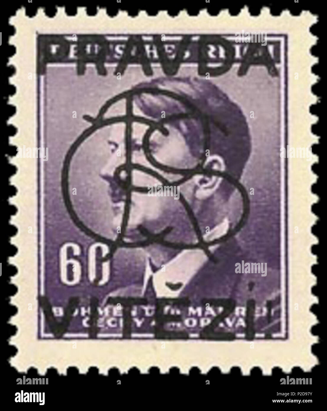 . English: Postage stamp of Third Reich Protectorate of Bohemia and Moravia, Adolf Hitler, overprinted in Brno, 1945 ???????: ???????? ????? ???????????? ???????? ????? ??????? ? ???????, ????????????? ? ???? ? 1945 ????. 1945; uploaded 2009-08-14. uploaded by Nickpo 10 BuM1945Brnoovpt Stock Photo