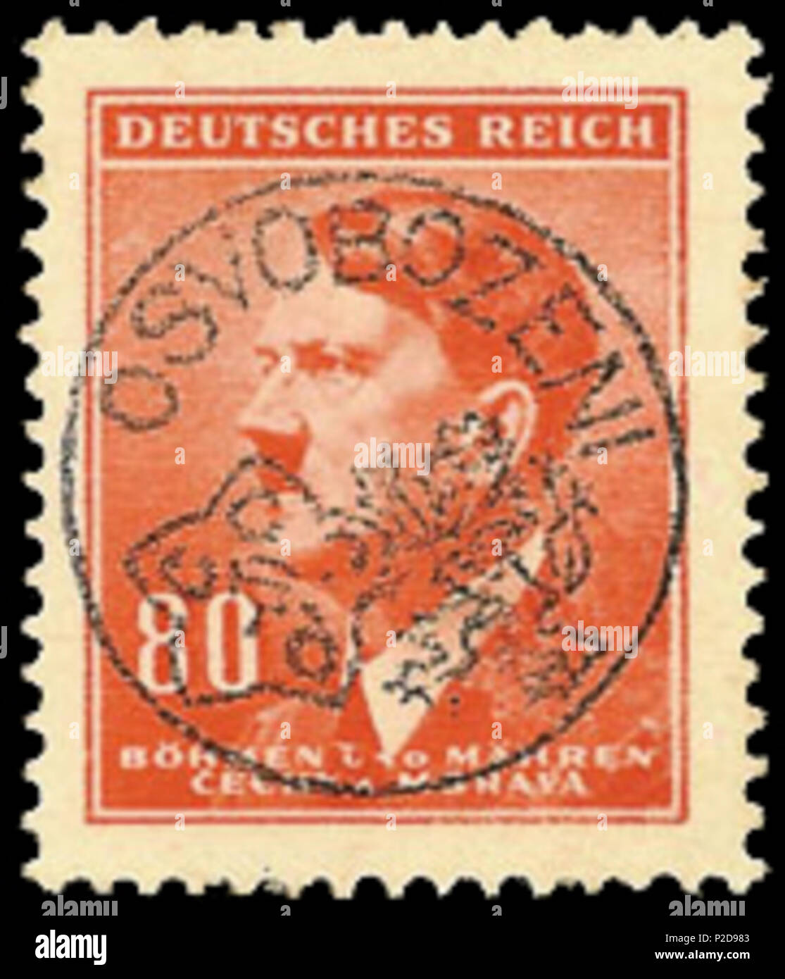 . English: Postage stamp of Third Reich Protectorate of Bohemia and Moravia, Adolf Hitler, overprinted in Frydek, 1945 ???????: ???????? ????? ???????????? ???????? ????? ??????? ? ???????, ????????????? ?? ??????? ? 1945 ????. 1945; uploaded 2009-08-14. uploaded by Nickpo 10 BuM1945Frydekovpt Stock Photo