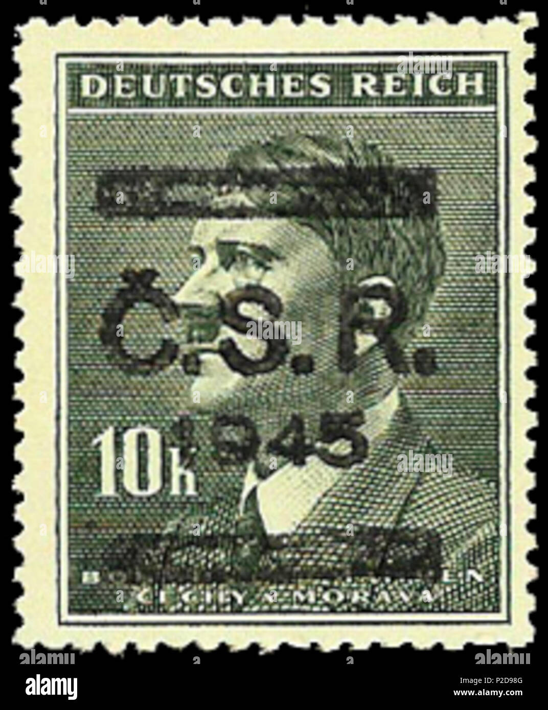 . English: Postage stamp of Third Reich Protectorate of Bohemia and Moravia, Adolf Hitler, overprinted in Ticha, 1945 ???????: ???????? ????? ???????????? ???????? ????? ??????? ? ???????, ????????????? ? Ticha ? 1945 ????. 1945; uploaded 2009-08-14. uploaded by Nickpo 10 BuM1945Tichaovpt Stock Photo