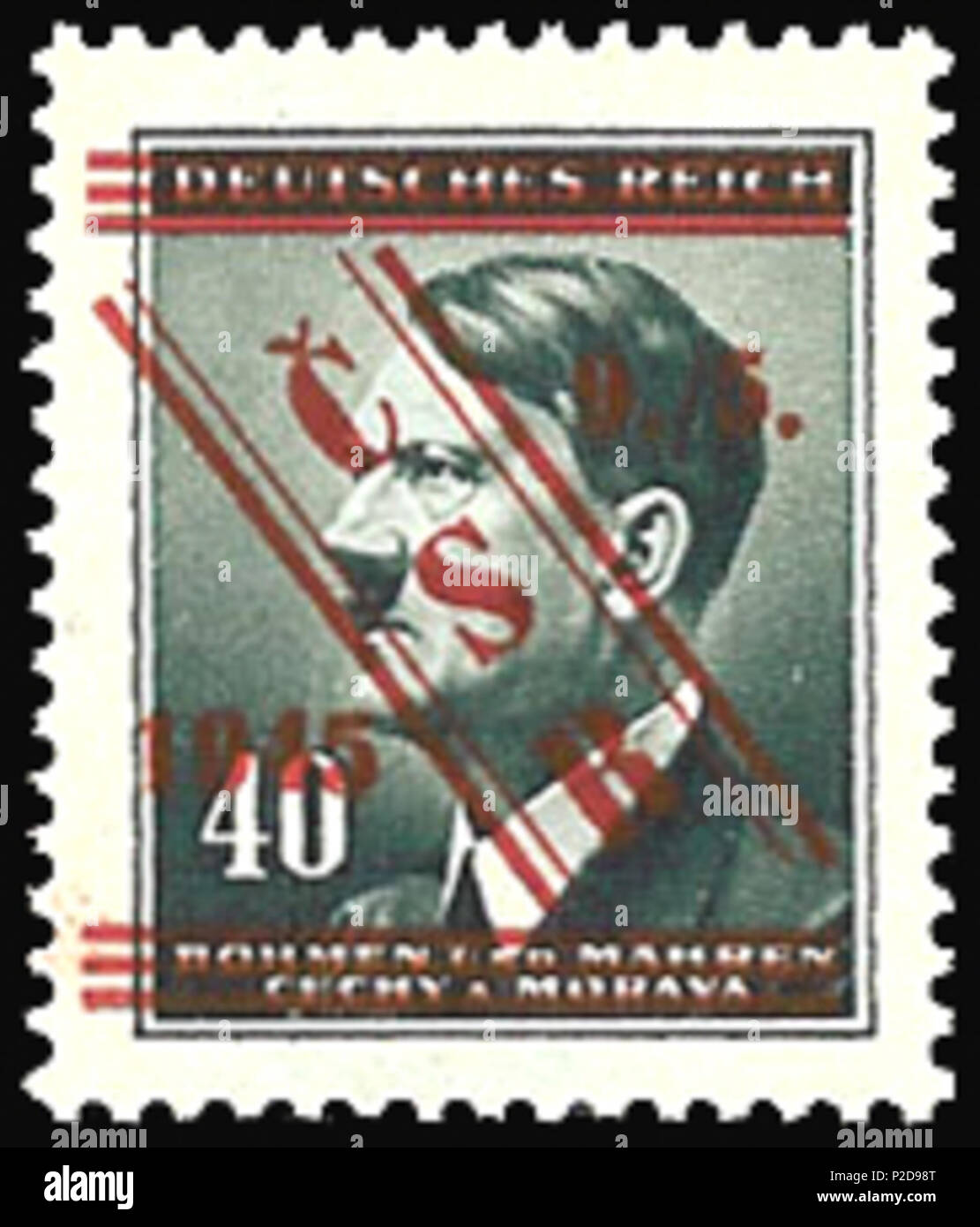 . English: Postage stamp of Third Reich Protectorate of Bohemia and Moravia, Adolf Hitler, overprinted in Prostejov, 1945 ???????: ???????? ????? ???????????? ???????? ????? ??????? ? ???????, ????????????? ? ????????? ? 1945 ????. 1945; uploaded 2009-08-14. uploaded by Nickpo 10 BuM1945Prostejovovpt Stock Photo