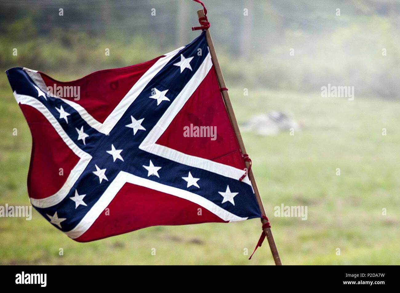 . English: An elongated (2:1 aspect ratio) version of the Battle Flag of the Army of Northern Virginia, and similar to The Second Confederate Navy Jack, in use from 1863 until 1865, although with the darker blue field of the Army's battle flag. 1 June 2006. Miranda Pederson 14 Confederate Flag (Modern) Stock Photo