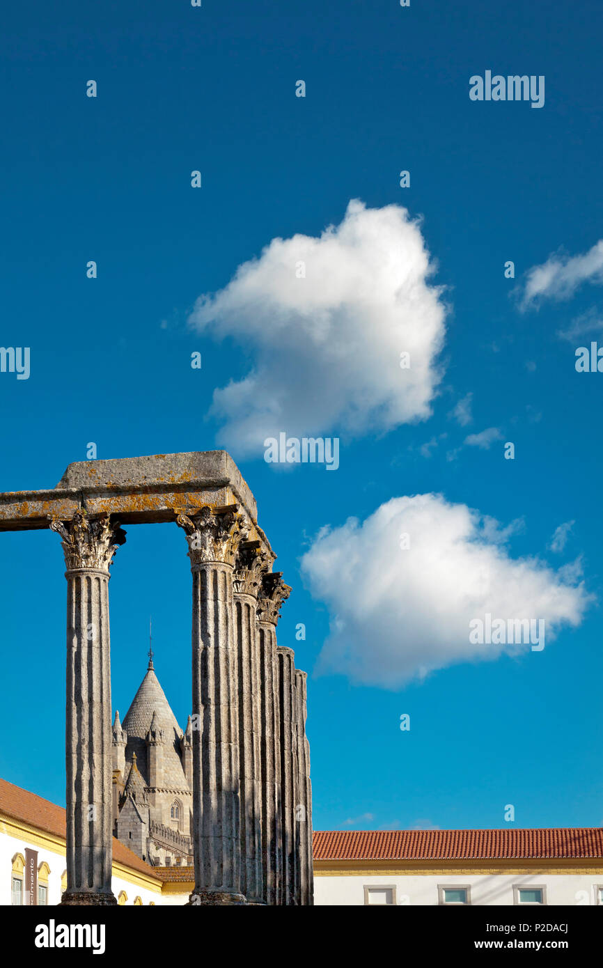 Roman temple, Diana temple and cathedral tower, Evora, Alentejo, Portugal Stock Photo