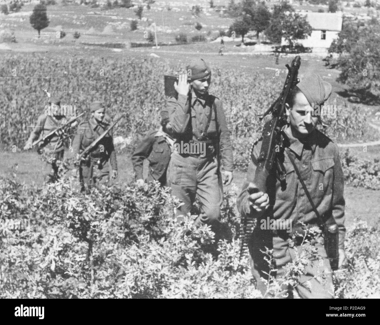 . Italiano: Partigiani della Seconda brigata dalmata in marcia in Montenegro nell'estate 1944 . 1944. Unknown 15 Dalmati con MG42 Stock Photo