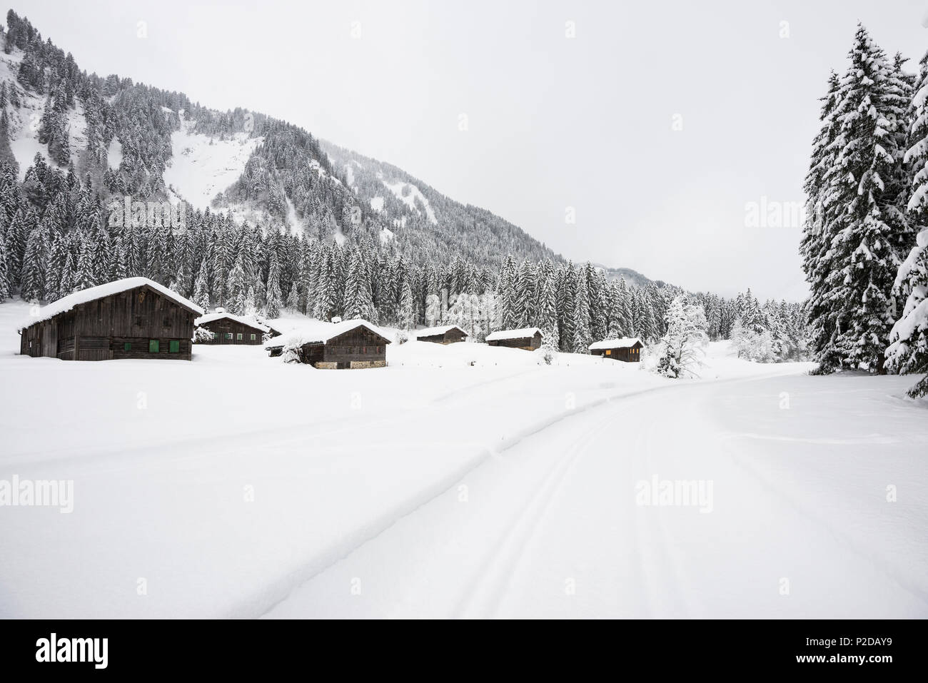 snow covered cabins, near Schoppernau, Bregenz district, Vorarlberg, Austria Stock Photo