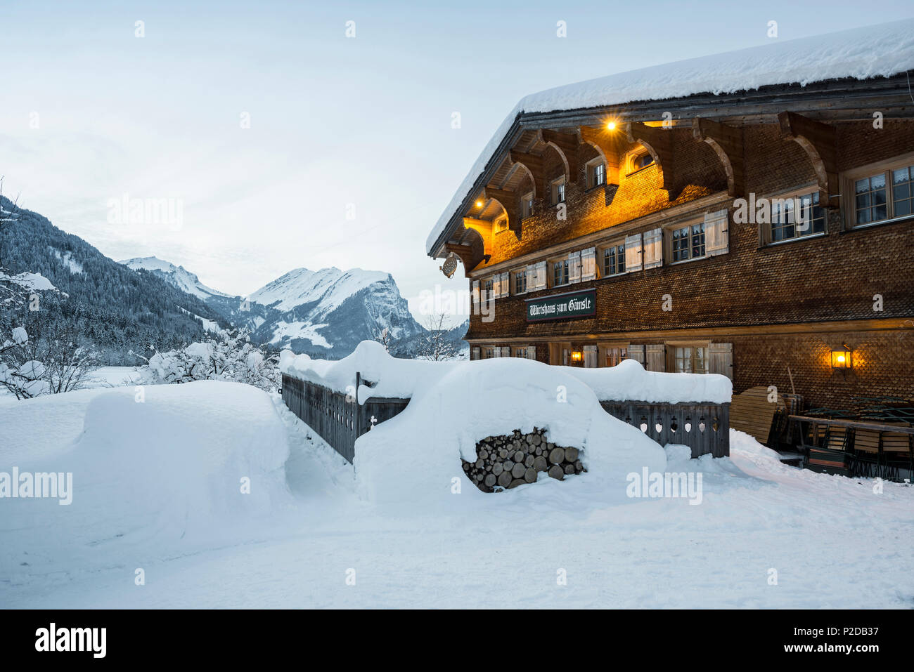 snow covered tavern, Schoppernau, Bregenz district, Vorarlberg, Austria Stock Photo