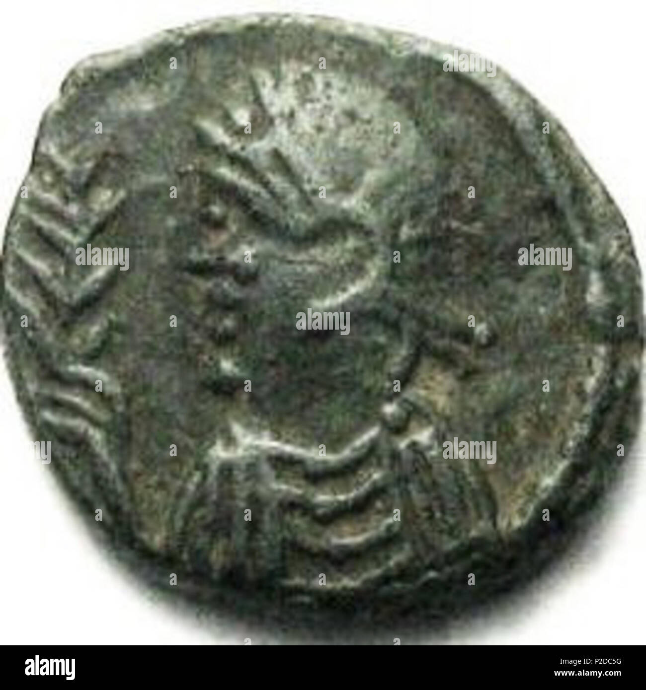 . English: Carthage. Municipal Coinage. Ca 480-533. AE 11mm 4 Nummi. Class II. Struck circa 523-533 AD. Diademed and draped bust left, holding palm / Bar over N over IIII in three lines. MIB I, 20 (Gelimer); BMC Vandals 12 (Huneric); MEC 1, 55. 29 May 2013, 00:45:52. Courtesy of Asta Tintinna Numismatica and deamoneta.com 25 Huneric BMC 012 (cropped) Stock Photo