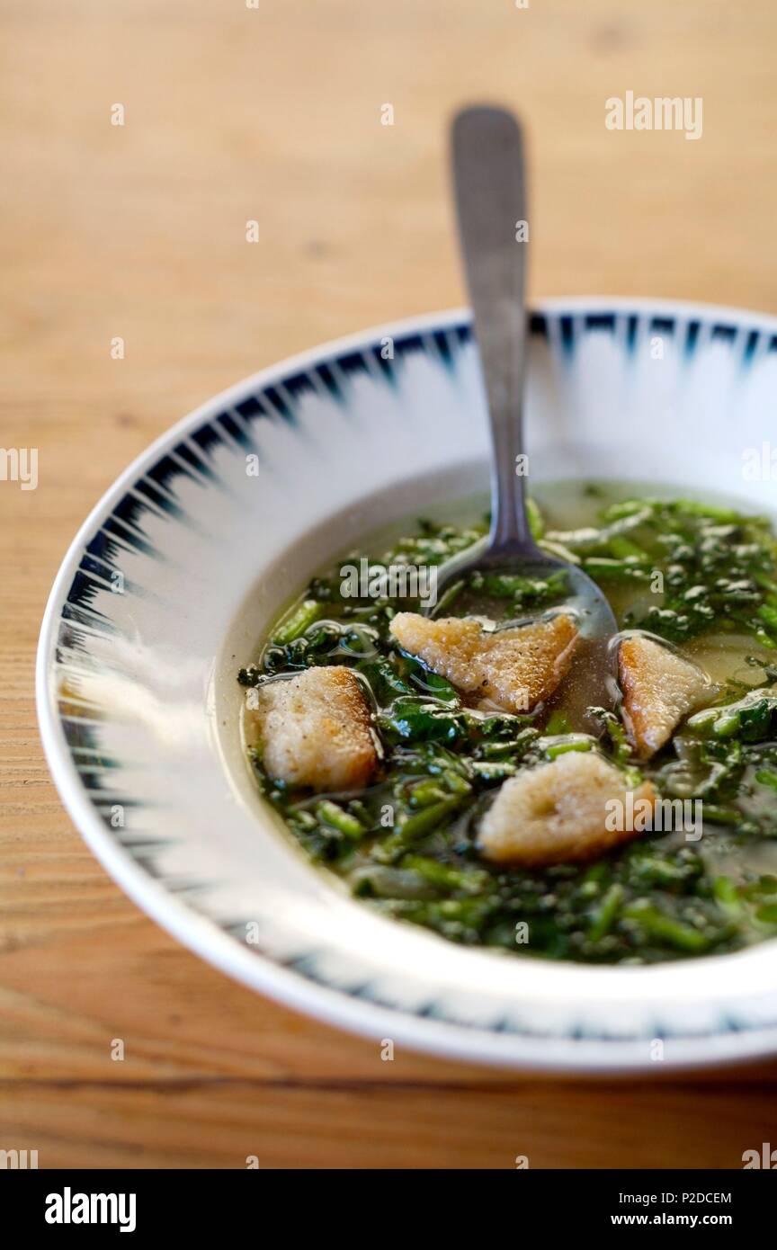 France, Nord, Flanders, Cassel, T'Kasteelhof estaminet, cress and croutons soup Stock Photo