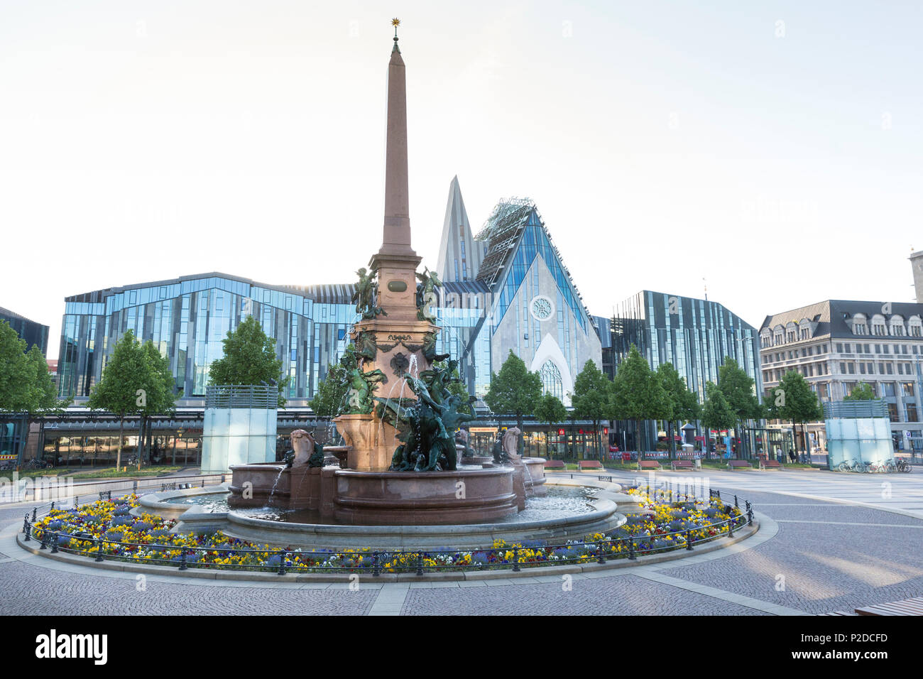 Paulineum, assembly hall and church of University of Leipzig, Mende Fountain, Augustus Plaza, Augustus Square, Leipzig, Saxony, Stock Photo