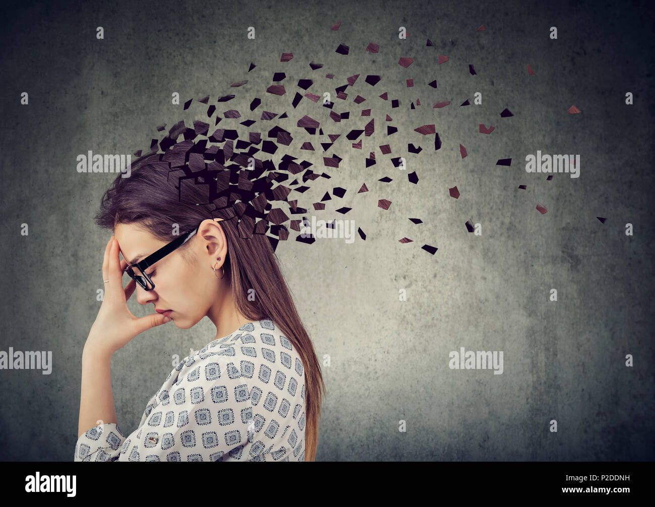 Memory loss due to dementia or brain damage. Young woman losing parts of  head as symbol of decreased mind function Stock Photo - Alamy