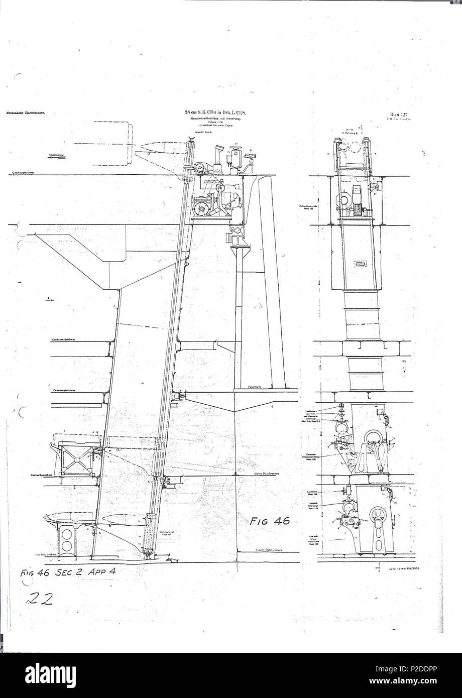 . This is a drawing of the «munitionsaufzug» (ammunition lift) for the German 28 cm Schiffskanone C/34 gun, designed for the Dhr. L. C/28 armored turret. The C/34 guns were placed in the Dhr. C/28 gun turret, originally on the ships «Scharnhorst» and «Gneisenau». «Gneisenau» was damaged in an aerial attack in 1942, and her guns were placed ashore, at costal batteries. Two of the turrets, with at total of six guns, were placed in Norway, at Austrått and Fjell, of which the one at Austrått still remains as a museum today. The third turret was placed in Holland. Unknown date. Krupp. 52 Sk c 34 mu Stock Photo