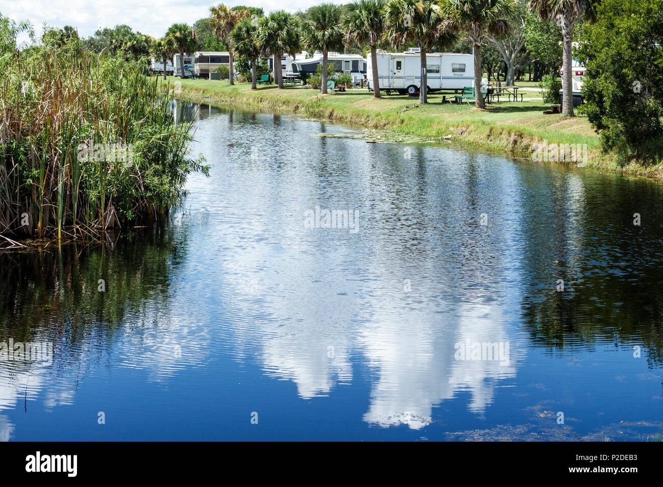 Florida,FL South,Fort Ft. Pierce,Savannas Recreation Area,preserve,environmental protection,county park,overnight camping,campground,RV,canal,water,vi Stock Photo