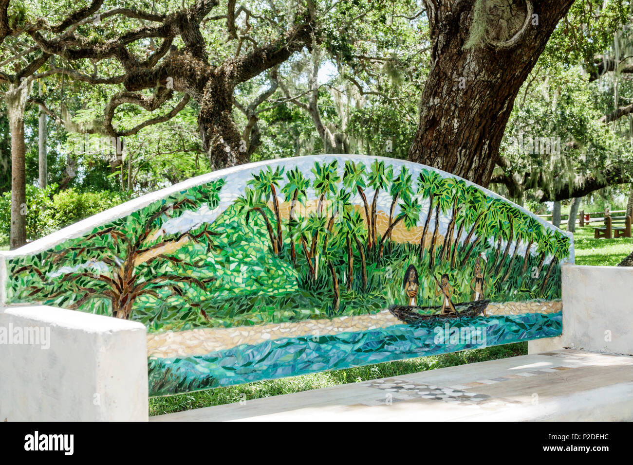 Fort Ft. Pierce Florida,Old Fort Park,archeological site,urban park,Ais Indian culture,Native American Indian,heritage,bench,mosaic art,vegetation,liv Stock Photo