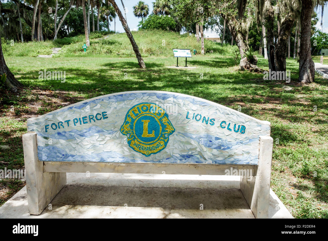 Fort Ft. Pierce Florida,Old Fort Park,archeological site,urban park,Ais Indian culture,Native American Indian,heritage,bench,sponsor organization,Lion Stock Photo