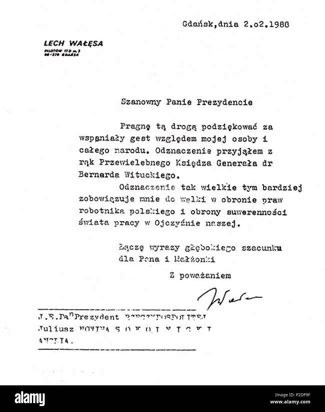 42 Podziękowanie Lecha Wałęsy za odznaczenie Polonia Restituta nadane przez Prezydenta RP na uchodźctwie Juliusza Nowina-Sokolnickiego Stock Photo