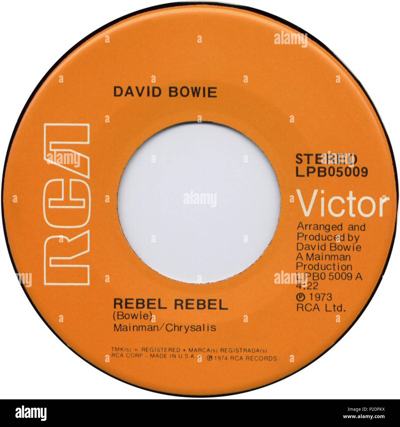 . English: 'Rebel Rebel' by David Bowie; one of A-side track labels of the US-manufactured vinyl release [Catalogue no. LBPO 5009 (printed as 'LBP05009')] According to multiple sources, like eBay, Discogs, bowie-singles.com, and a forum discussion, this product is one of exports made in the US and France and then sold to UK customers. However, as of now, no sources defined as reliable can confirm this. . 1 February 1974. RCA Victor Records 44 Rebel Rebel by David Bowie US vinyl pressing LPB0 5009 Stock Photo