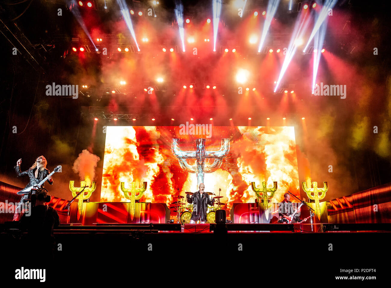 Sweden, Solvesborg - June 09, 2018. The English heavy metal band Judas Priest performs a live concert during the Swedish music festival Sweden Rock Festival 2018. Here vocalist Rob Halford is seen live on stage with the rest of the band. (Photo credit: Gonzales Photo - Terje Dokken). Stock Photo