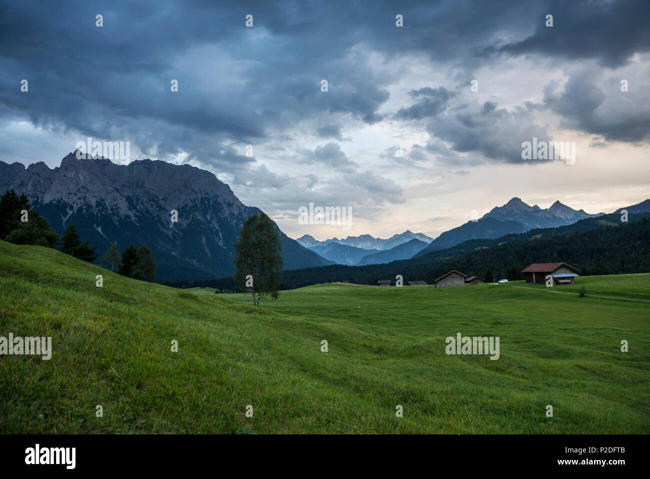 meadows and thunderstorm, near Mittenwald, Upper Bavaria, Bavaria, Germany Stock Photo