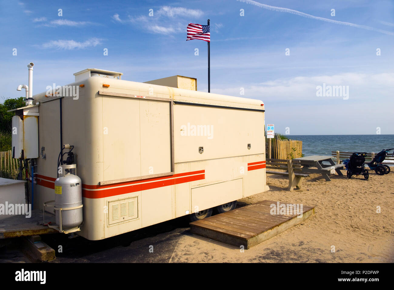 food stand on wheels closed in off season in parking lot of famed surfing beach Ditch Plains in Montauk, New York Stock Photo