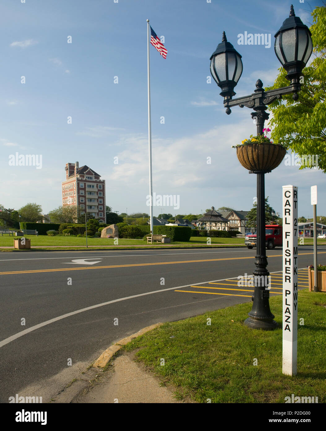 MONTAUK, NEW YORK-JUNE 8: The village Green Carl Fisher Plaze and Montauk Highway is seen in downtown Montauk, New York, The Hamptons on June 8, 2018. Stock Photo