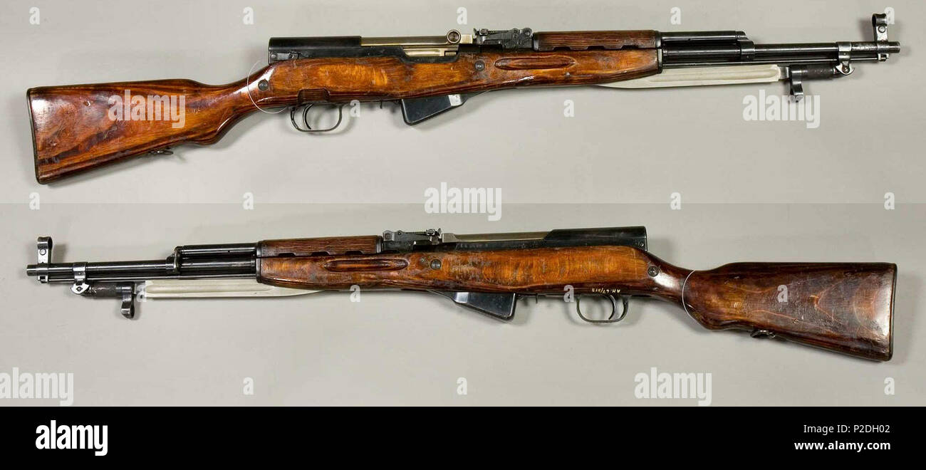 . English: SKS Russian semi-automatic rifle (1945). Caliber 7.62x39mm. From the collections of Armémuseum (Swedish Army Museum), Stockholm, Sweden. . Armémuseum (The Swedish Army Museum) 52 SKS - Ryssland - AM.045810 Stock Photo