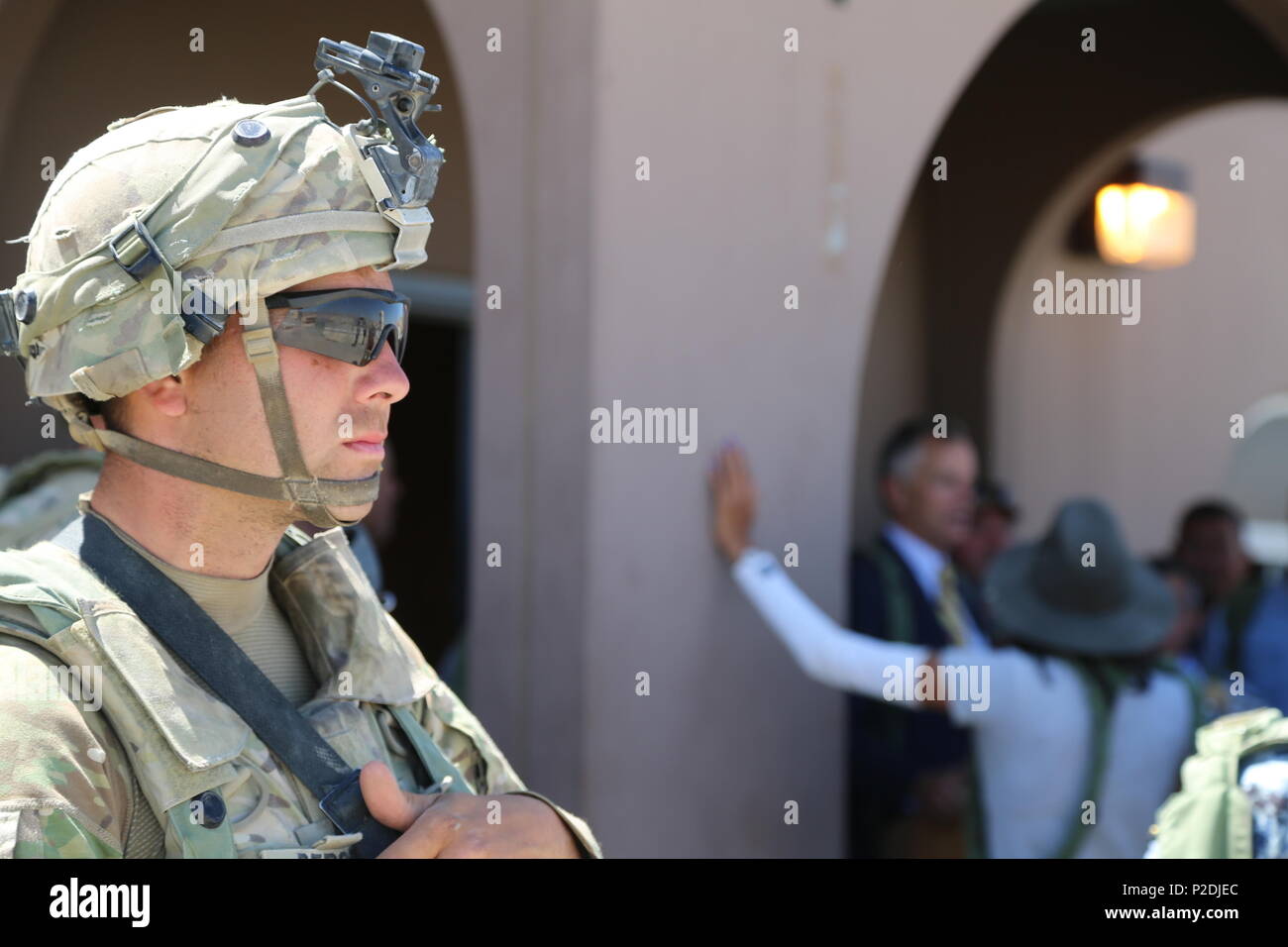 A U.S. Army Soldier assigned to 3rd Brigade Combat Team, 4th Infantry Division, stands before a press conference during Decisive Action Rotation 16-09 at the National Training Center in Fort Irwin, Calif., Sept. 4, 2016. (U.S. Army photo by Staff Sgt. Shawnon Lott, Operations Group, National Training Center) Stock Photo