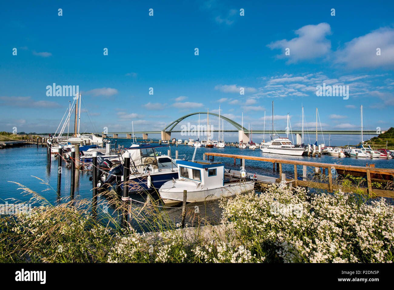 Fehmarnsund harbour, Bridge to Fehmarn island, Baltic Coast, Schleswig-Holstein, Germany Stock Photo