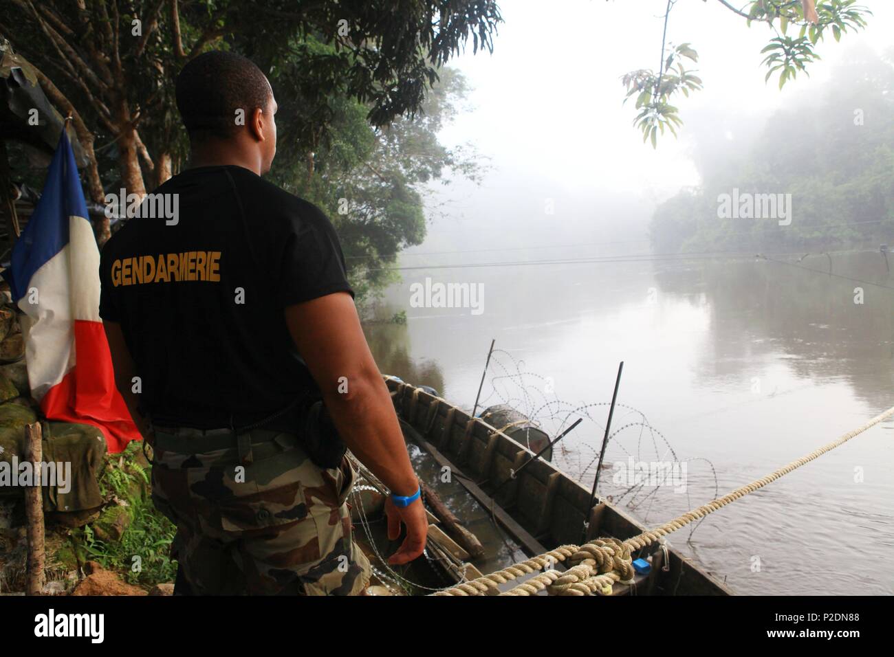 France, French Guiana (overseas department), Maripasoula, Dam at PCF Saut Sonnelle, Gendarmes and Marsouins share the post Stock Photo